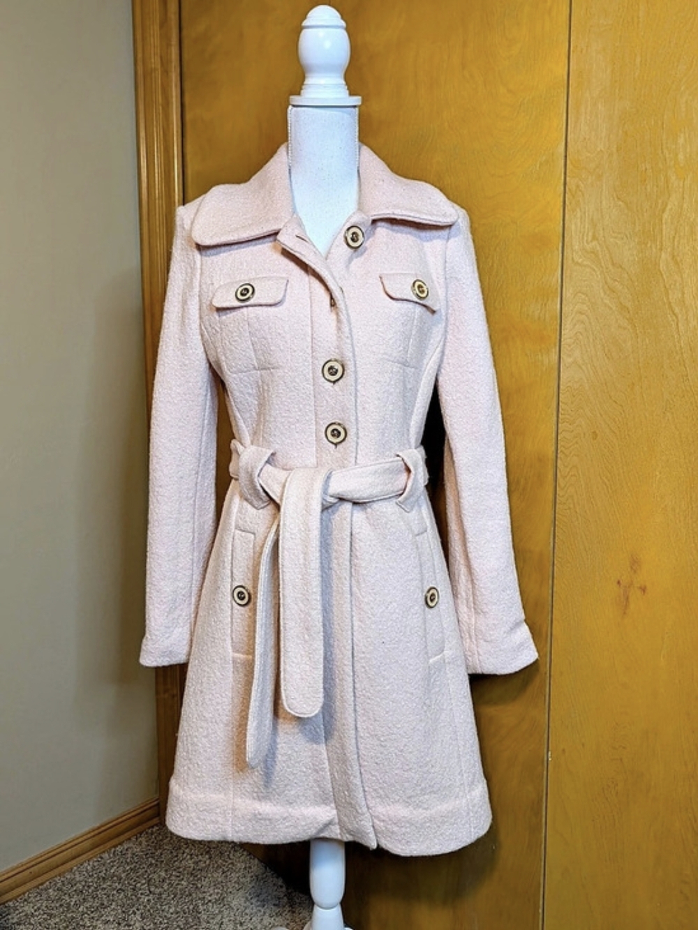 New York & Company Belted Wool Trench Coat in Pink Size Small Like New!